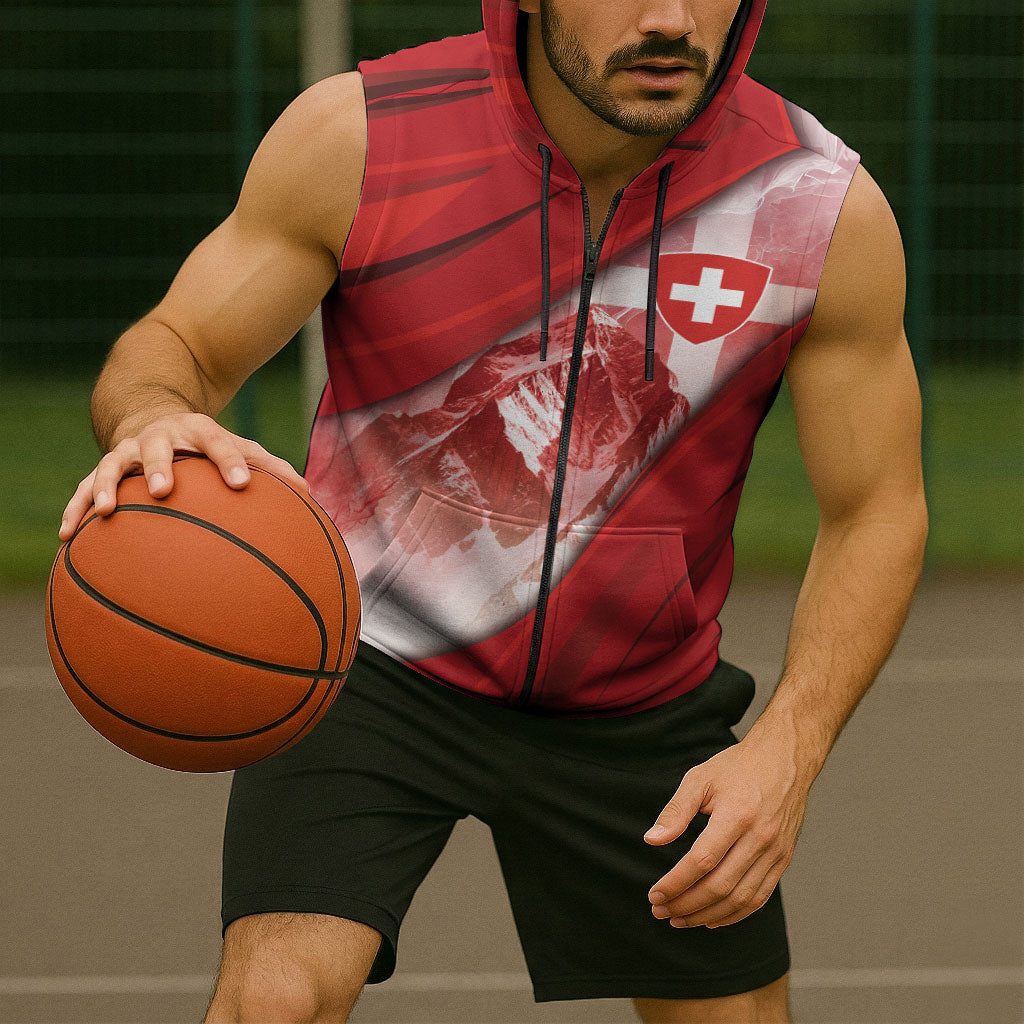 Custom Switzerland Football Sleeveless Zip Hoodie Matterhorn Snow Shield