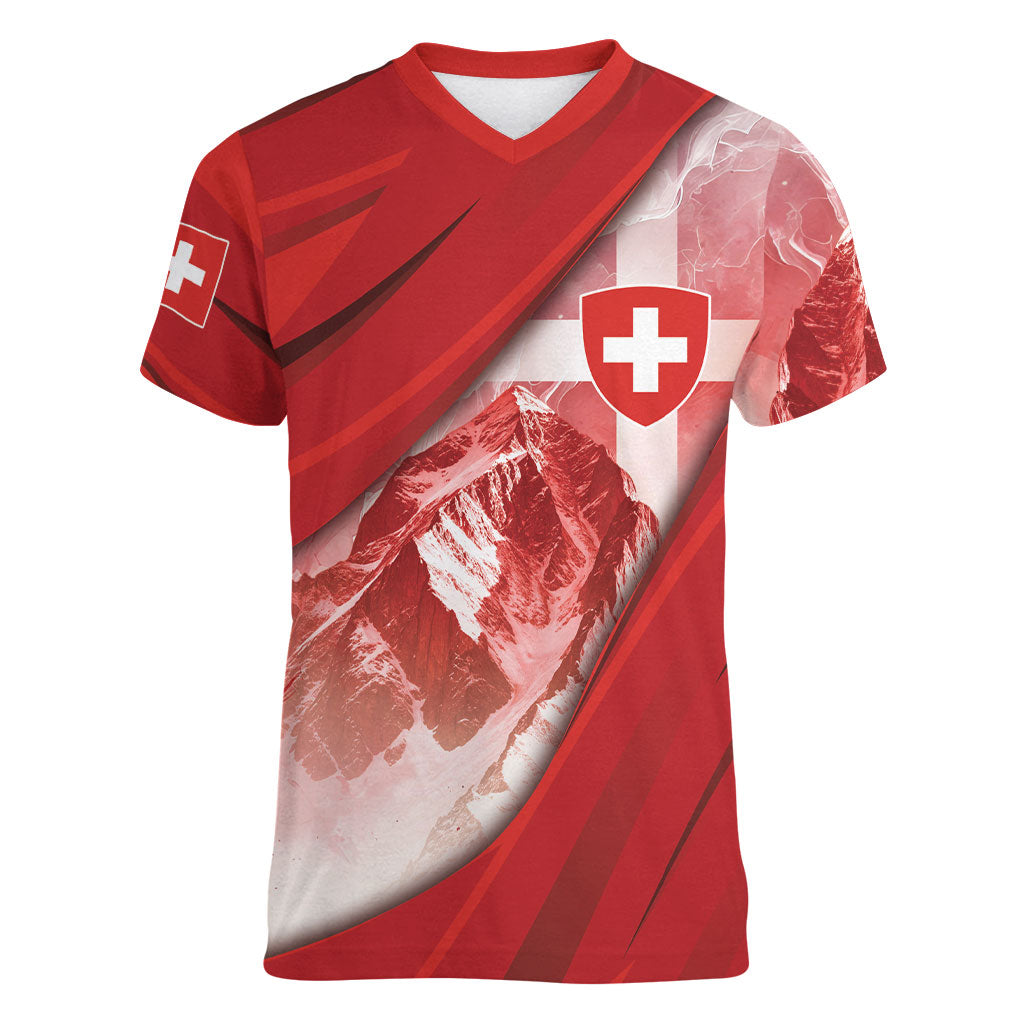 Custom Switzerland Football Women V-Neck T-Shirt Matterhorn Snow Shield