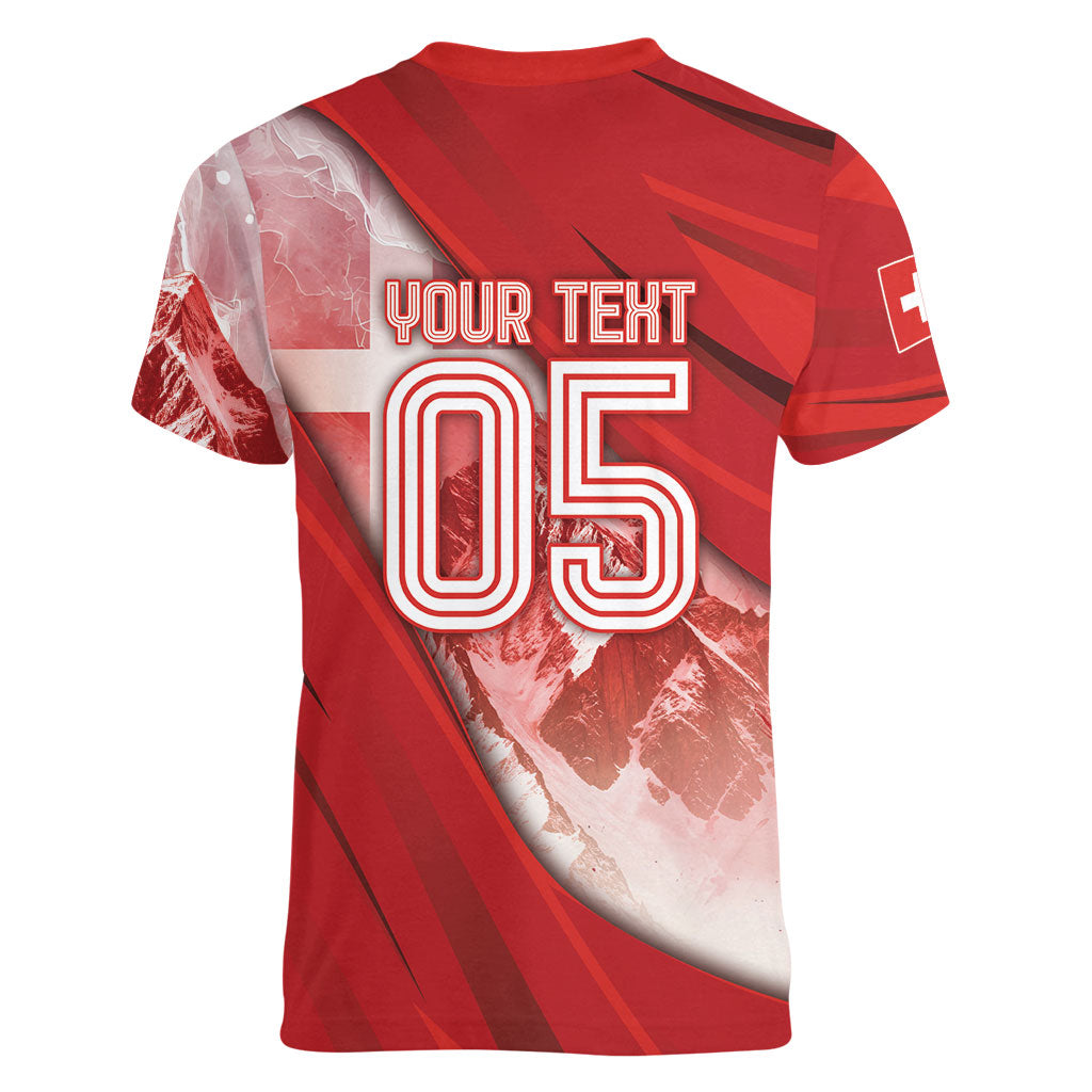Custom Switzerland Football Women V-Neck T-Shirt Matterhorn Snow Shield