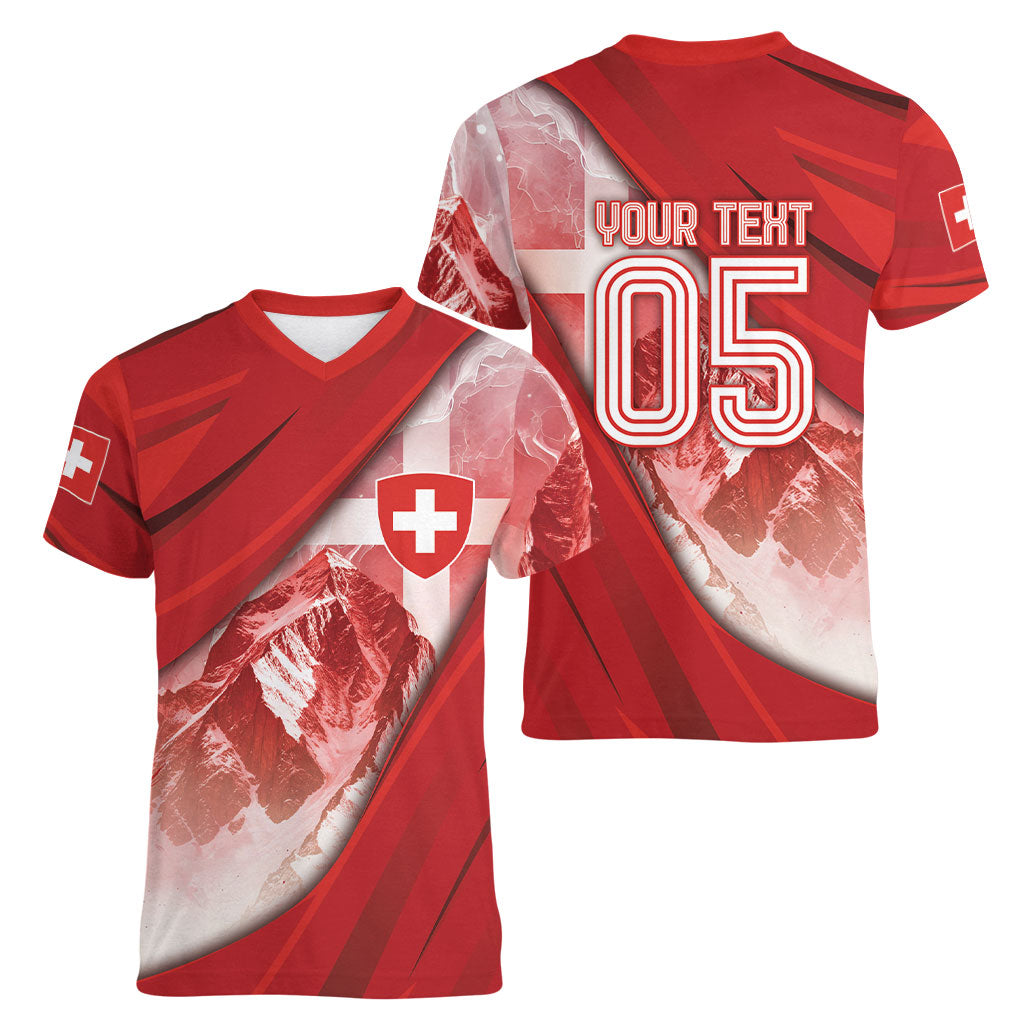 Custom Switzerland Football Women V-Neck T-Shirt Matterhorn Snow Shield