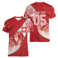 Custom Switzerland Football Women V-Neck T-Shirt Matterhorn Snow Shield