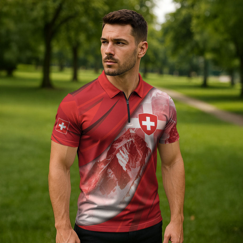 Custom Switzerland Football Zipper Polo Shirt Matterhorn Snow Shield