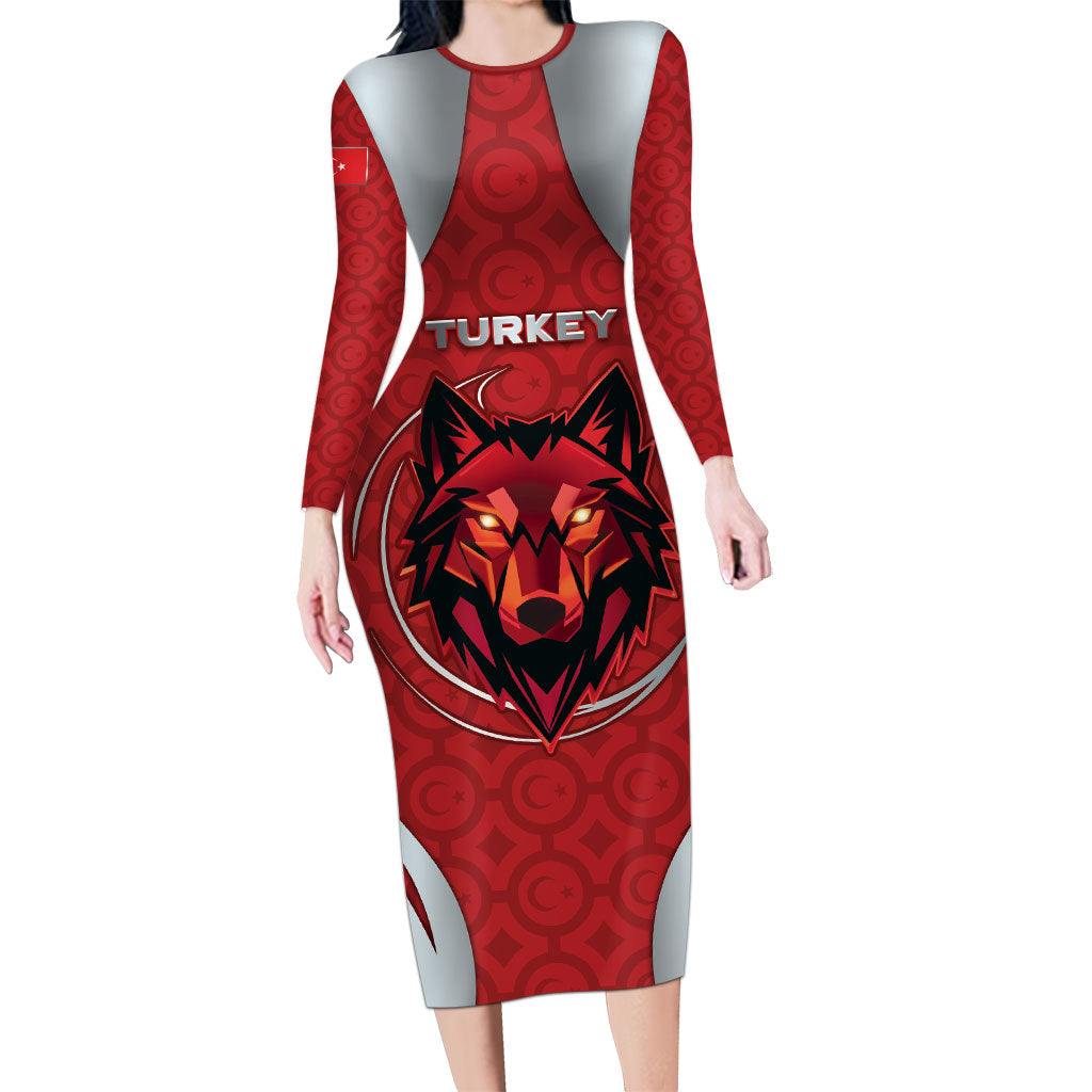 Custom Turkey Football Long Sleeve Bodycon Dress Asena Wolf Crest Unique Style