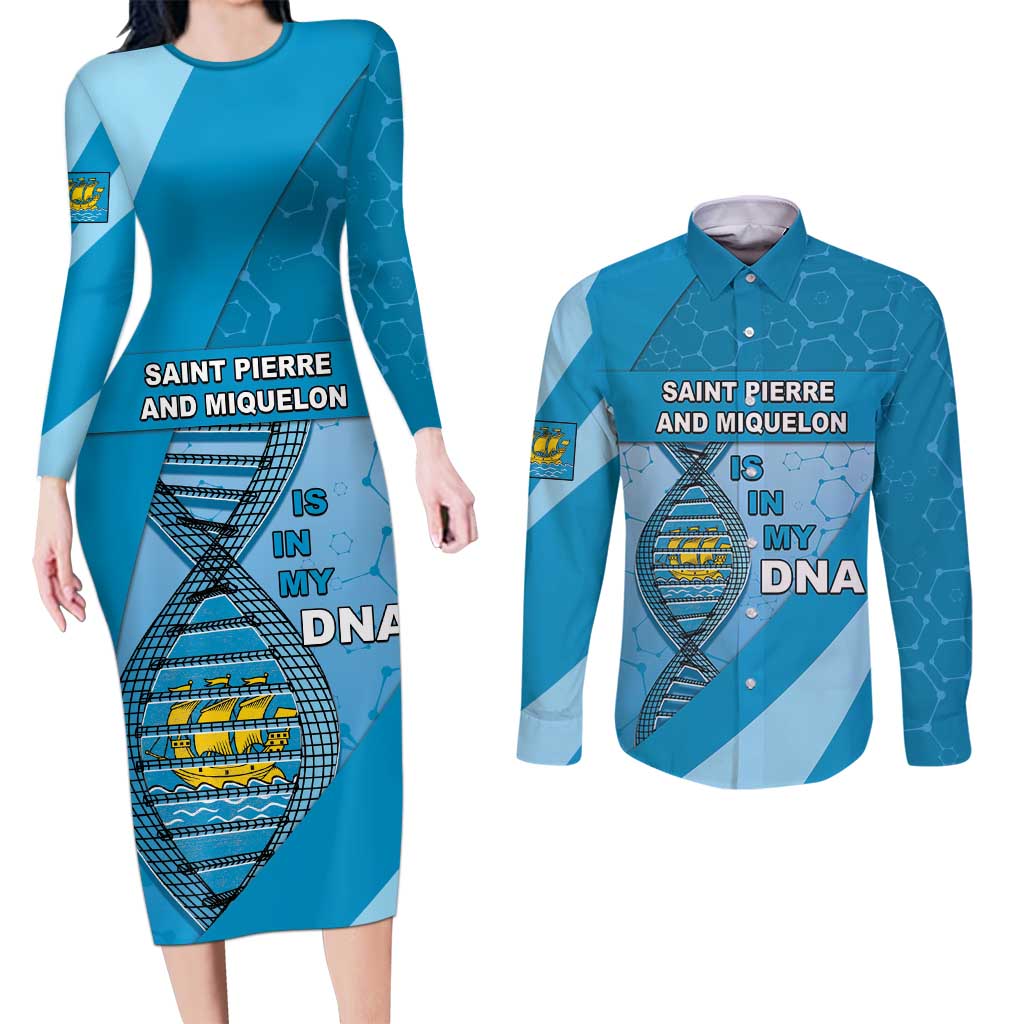 Saint Pierre And Miquelon Is In My DNA Couples Matching Long Sleeve Bodycon Dress and Long Sleeve Button Shirt - Wonder Print Shop