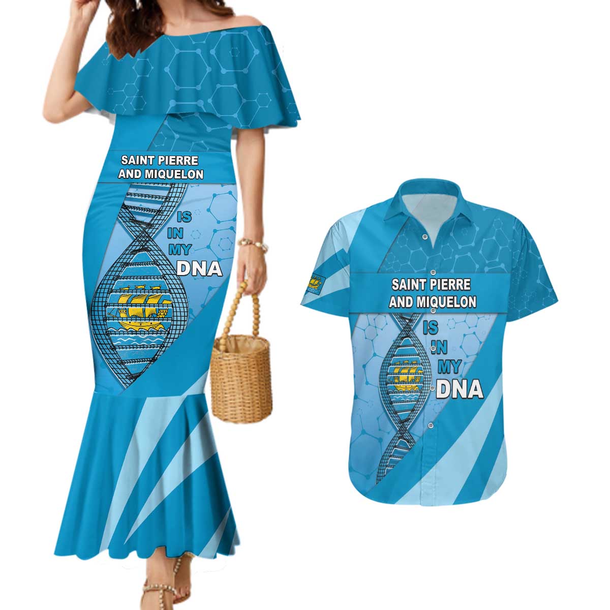 Saint Pierre And Miquelon Is In My DNA Couples Matching Mermaid Dress and Hawaiian Shirt - Wonder Print Shop