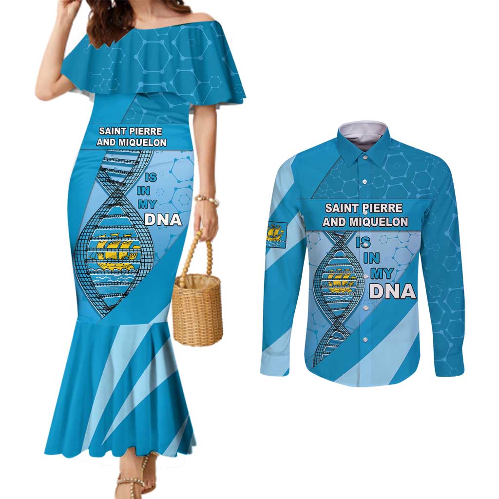 Saint Pierre And Miquelon Is In My DNA Couples Matching Mermaid Dress and Long Sleeve Button Shirt - Wonder Print Shop