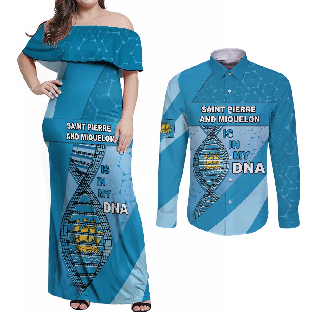 Saint Pierre And Miquelon Is In My DNA Couples Matching Off Shoulder Maxi Dress and Long Sleeve Button Shirt - Wonder Print Shop