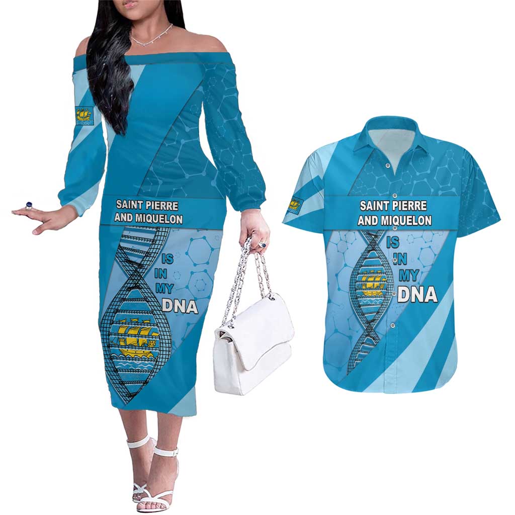 Saint Pierre And Miquelon Is In My DNA Couples Matching Off The Shoulder Long Sleeve Dress and Hawaiian Shirt - Wonder Print Shop