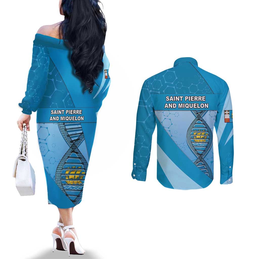 Saint Pierre And Miquelon Is In My DNA Couples Matching Off The Shoulder Long Sleeve Dress and Long Sleeve Button Shirt - Wonder Print Shop