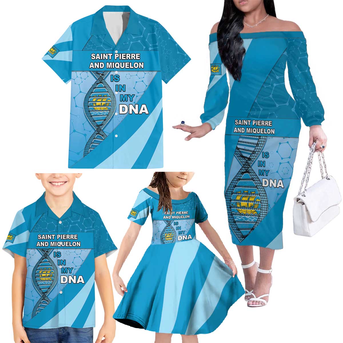 Saint Pierre And Miquelon Is In My DNA Family Matching Off The Shoulder Long Sleeve Dress and Hawaiian Shirt - Wonder Print Shop