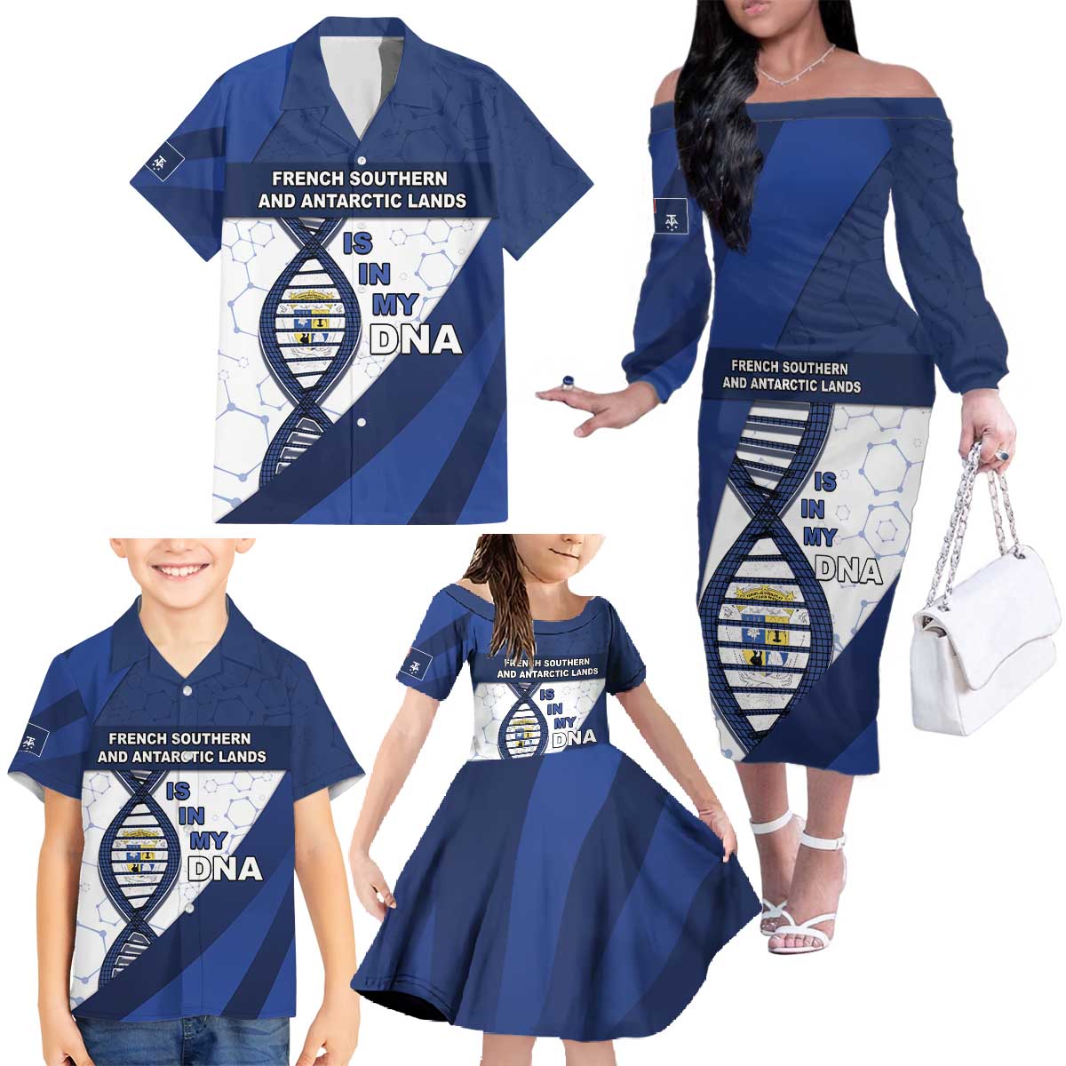 French Southern And Antarctic Lands Is In My DNA Family Matching Off The Shoulder Long Sleeve Dress and Hawaiian Shirt - Wonder Print Shop