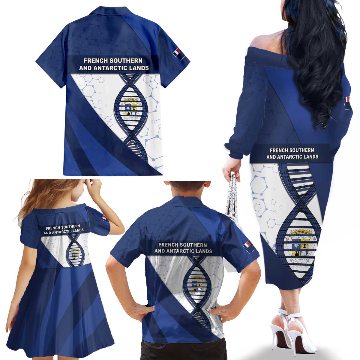 French Southern And Antarctic Lands Is In My DNA Family Matching Off The Shoulder Long Sleeve Dress and Hawaiian Shirt - Wonder Print Shop