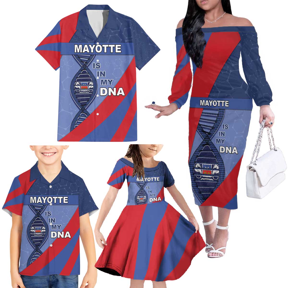 Mayotte Is In My DNA Family Matching Off The Shoulder Long Sleeve Dress and Hawaiian Shirt - Wonder Print Shop