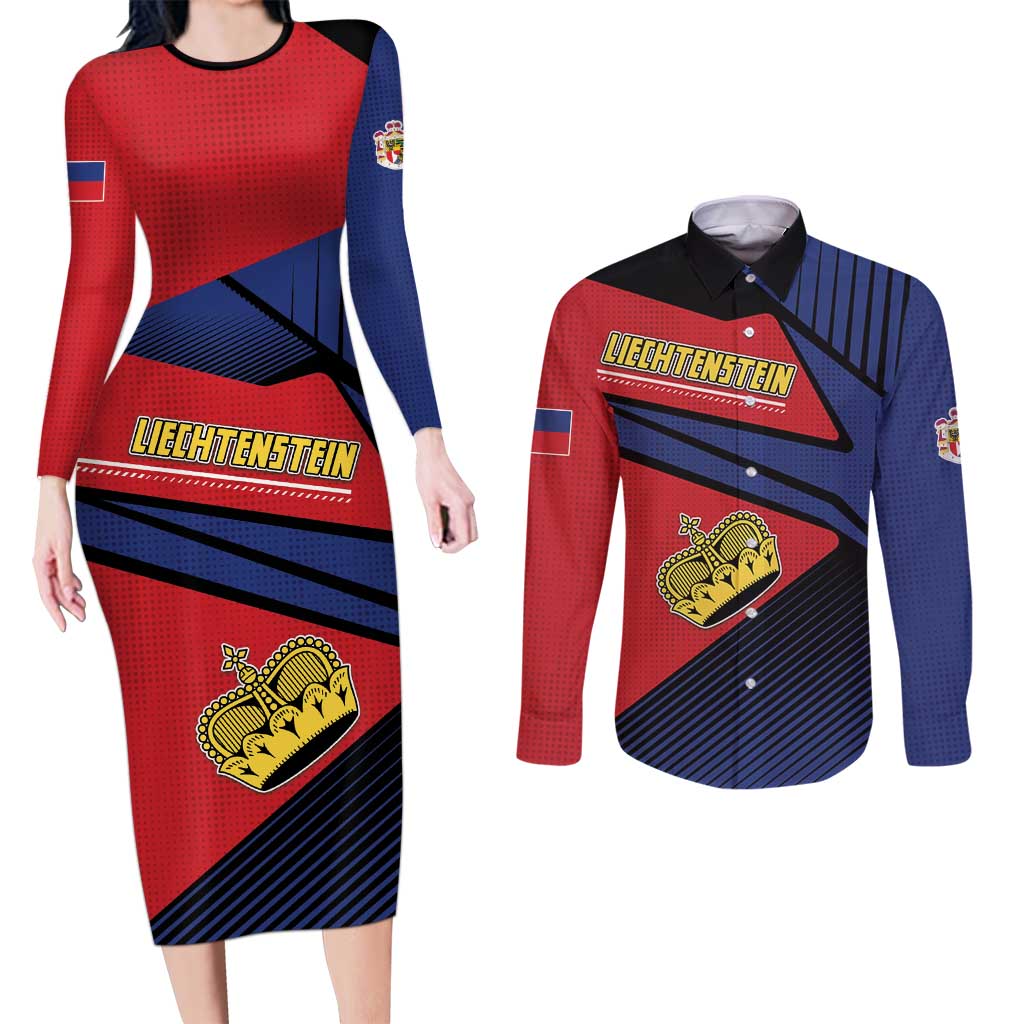 Personalized Liechtenstein Couples Matching Long Sleeve Bodycon Dress and Long Sleeve Button Shirt Crown Symbol - Wonder Print Shop