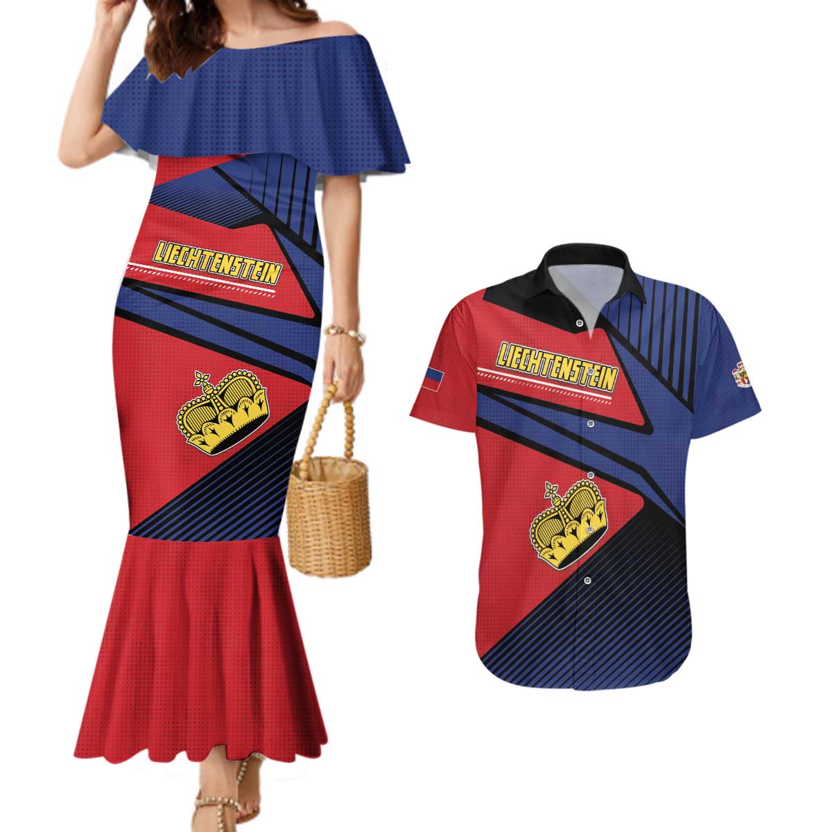 Personalized Liechtenstein Couples Matching Mermaid Dress and Hawaiian Shirt Crown Symbol - Wonder Print Shop