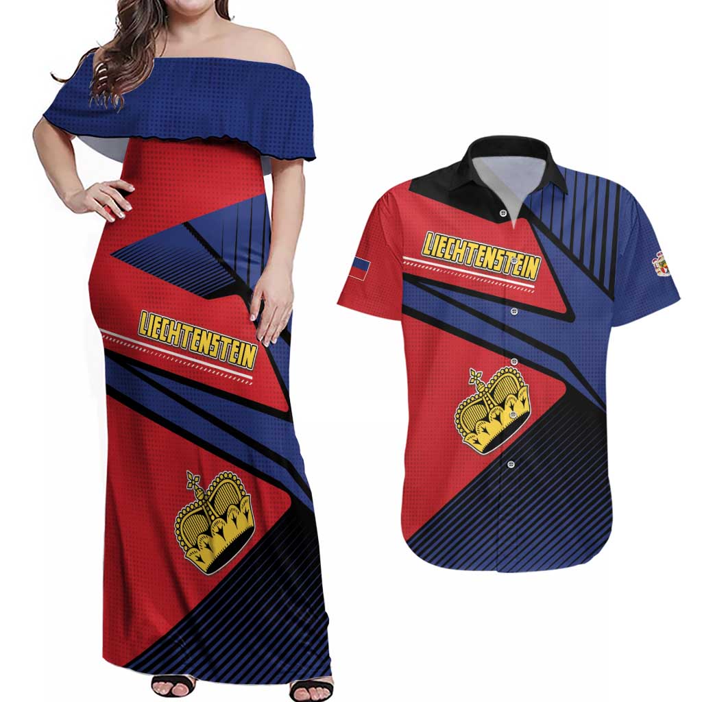 Personalized Liechtenstein Couples Matching Off Shoulder Maxi Dress and Hawaiian Shirt Crown Symbol - Wonder Print Shop