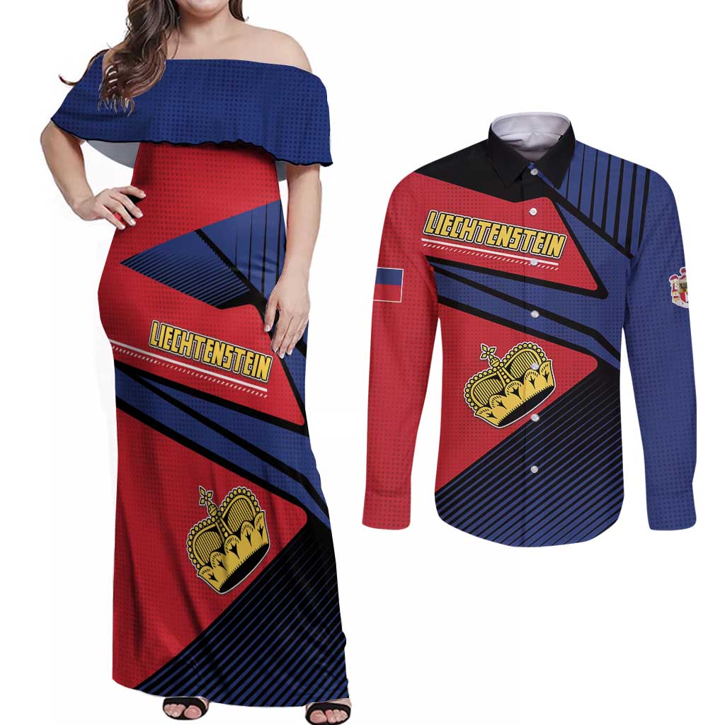 Personalized Liechtenstein Couples Matching Off Shoulder Maxi Dress and Long Sleeve Button Shirt Crown Symbol - Wonder Print Shop
