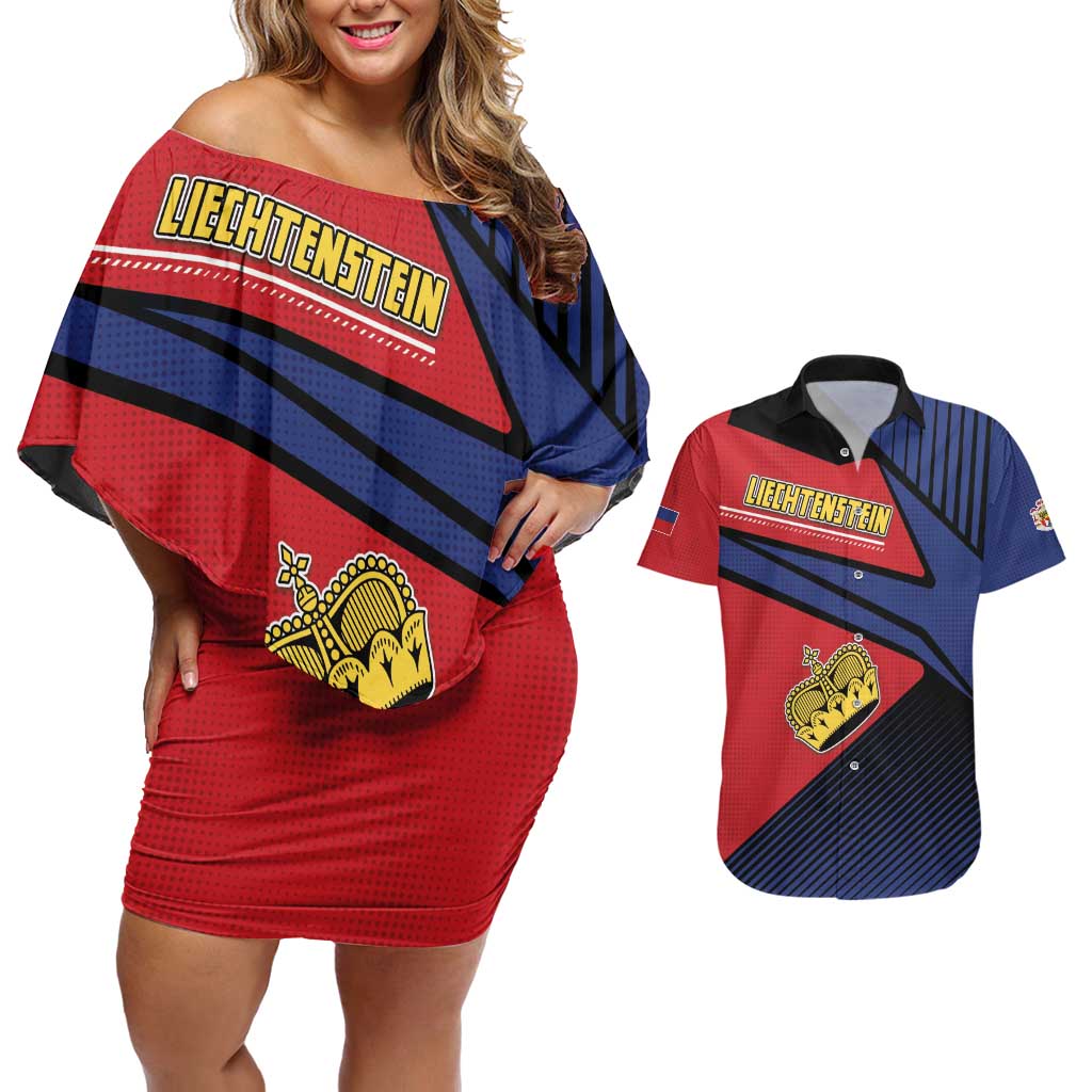 Personalized Liechtenstein Couples Matching Off Shoulder Short Dress and Hawaiian Shirt Crown Symbol - Wonder Print Shop