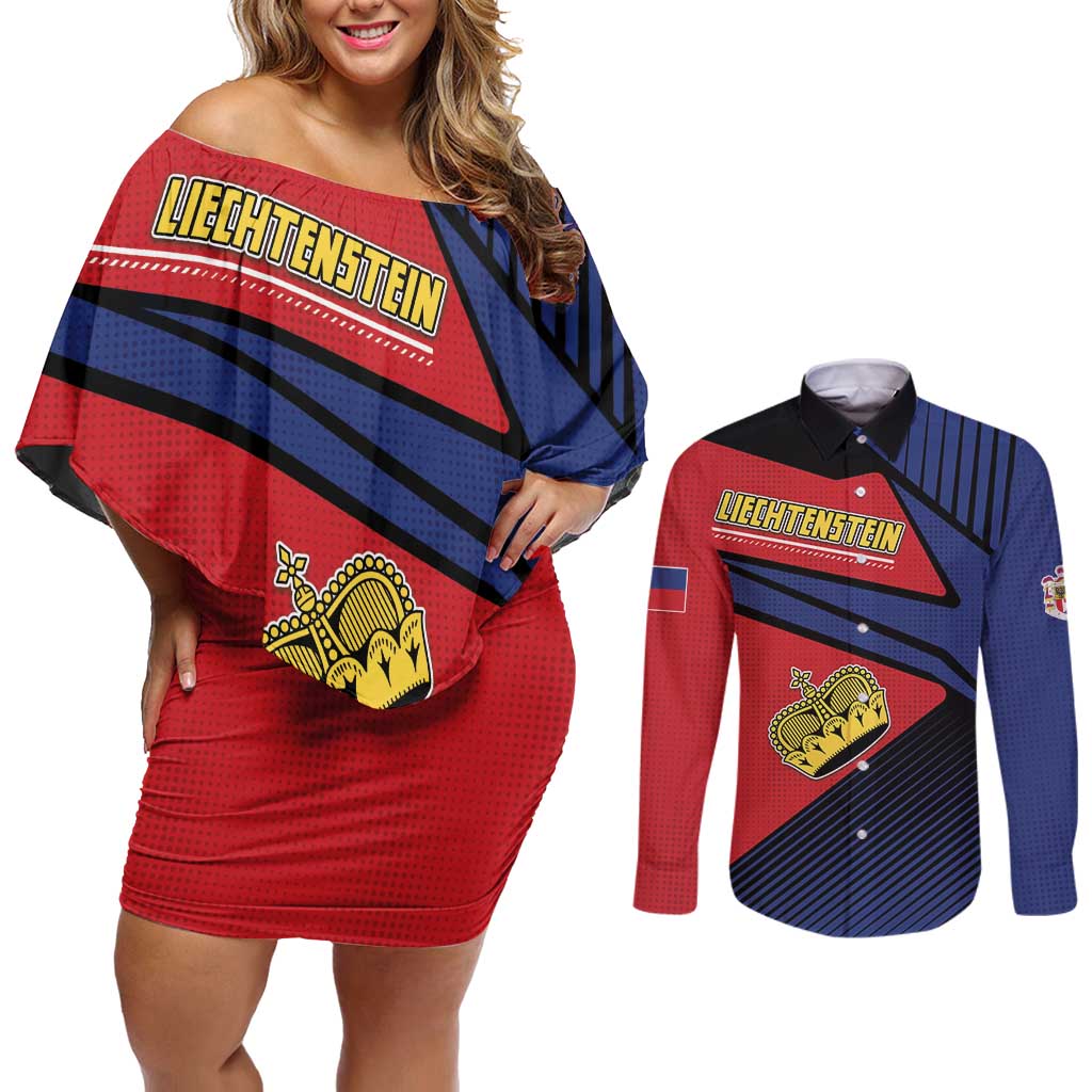 Personalized Liechtenstein Couples Matching Off Shoulder Short Dress and Long Sleeve Button Shirt Crown Symbol - Wonder Print Shop