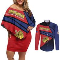 Personalized Liechtenstein Couples Matching Off Shoulder Short Dress and Long Sleeve Button Shirt Crown Symbol - Wonder Print Shop