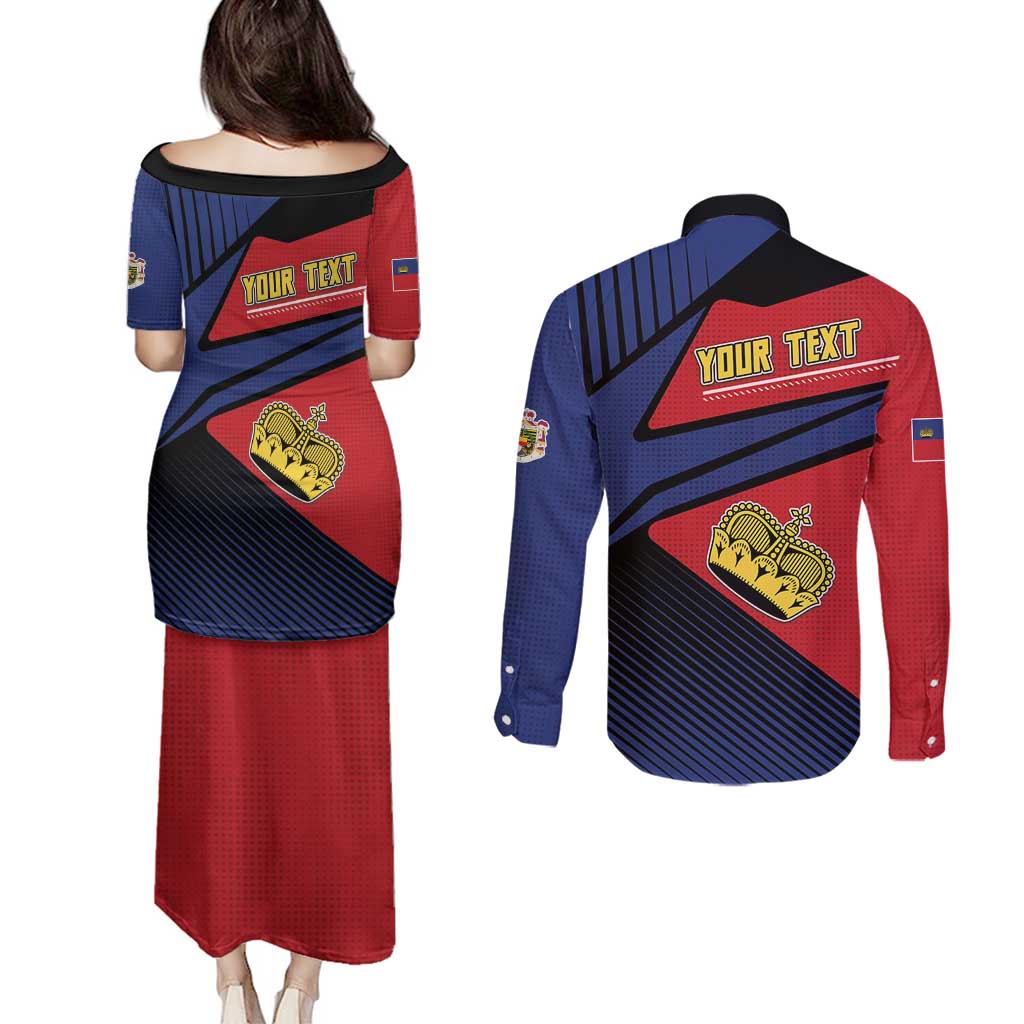 Personalized Liechtenstein Couples Matching Puletasi and Long Sleeve Button Shirt Crown Symbol - Wonder Print Shop
