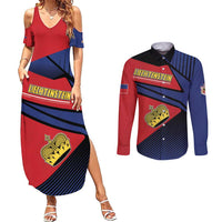 Personalized Liechtenstein Couples Matching Summer Maxi Dress and Long Sleeve Button Shirt Crown Symbol - Wonder Print Shop