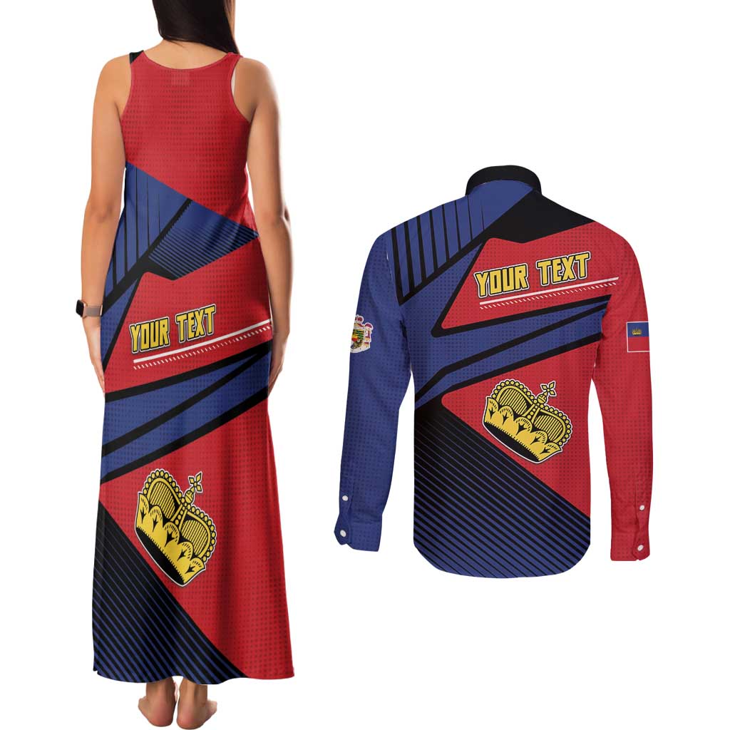 Personalized Liechtenstein Couples Matching Tank Maxi Dress and Long Sleeve Button Shirt Crown Symbol - Wonder Print Shop
