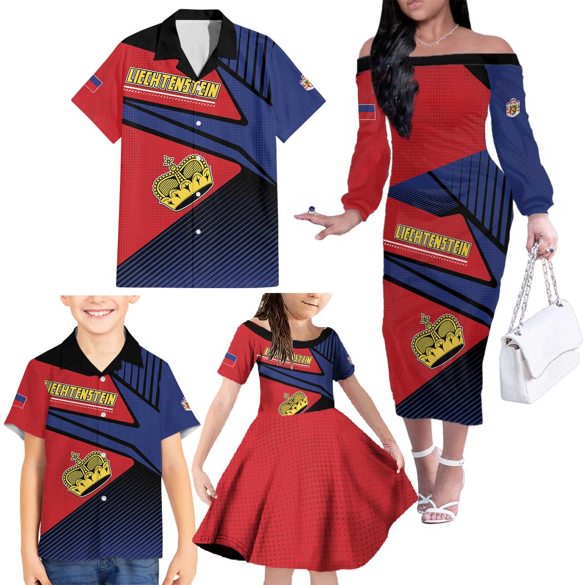 Personalized Liechtenstein Family Matching Off The Shoulder Long Sleeve Dress and Hawaiian Shirt Crown Symbol - Wonder Print Shop