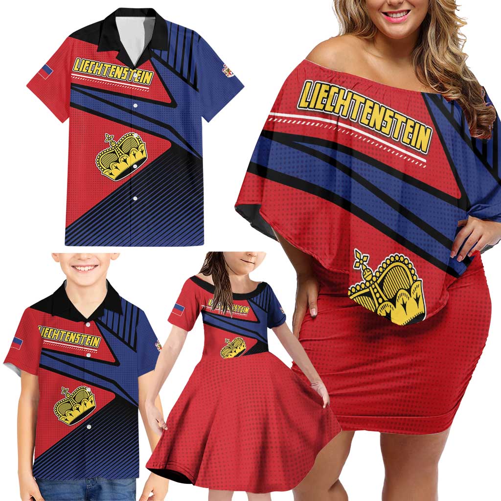 Personalized Liechtenstein Family Matching Off Shoulder Short Dress and Hawaiian Shirt Crown Symbol - Wonder Print Shop