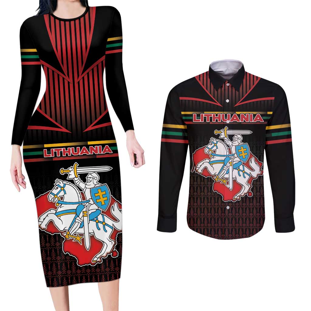 Personalized Lithuania Couples Matching Long Sleeve Bodycon Dress and Long Sleeve Button Shirt Knight In Armor With Map - Wonder Print Shop