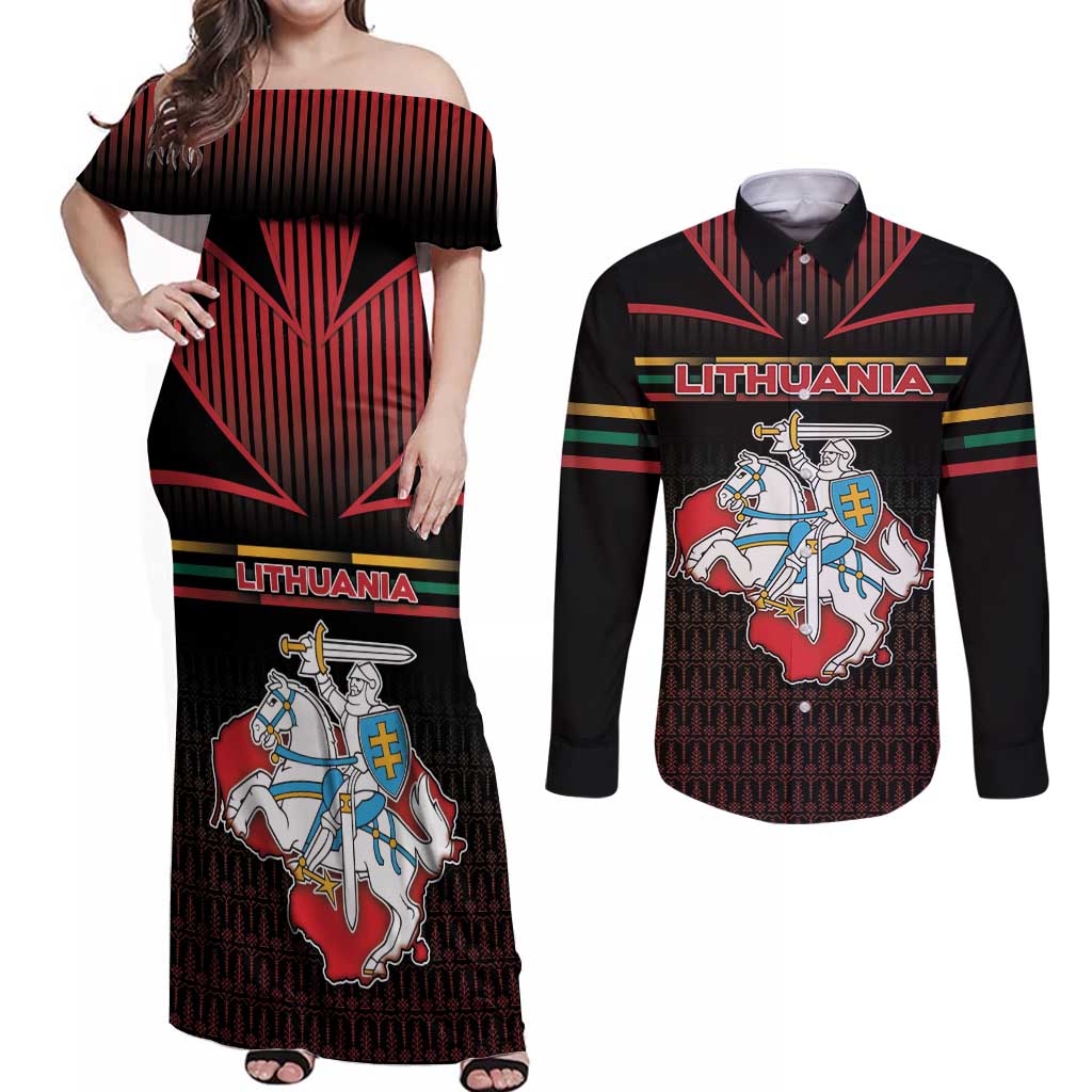 Personalized Lithuania Couples Matching Off Shoulder Maxi Dress and Long Sleeve Button Shirt Knight In Armor With Map - Wonder Print Shop