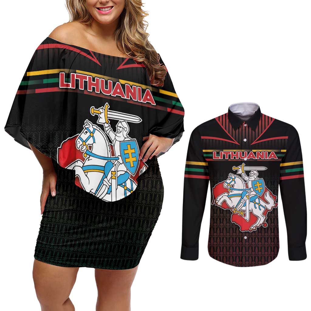 Personalized Lithuania Couples Matching Off Shoulder Short Dress and Long Sleeve Button Shirt Knight In Armor With Map - Wonder Print Shop