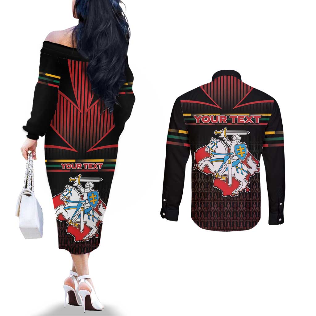 Personalized Lithuania Couples Matching Off The Shoulder Long Sleeve Dress and Long Sleeve Button Shirt Knight In Armor With Map - Wonder Print Shop