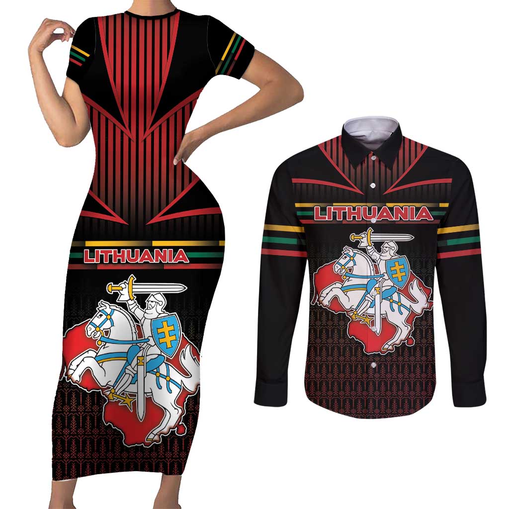 Personalized Lithuania Couples Matching Short Sleeve Bodycon Dress and Long Sleeve Button Shirt Knight In Armor With Map - Wonder Print Shop