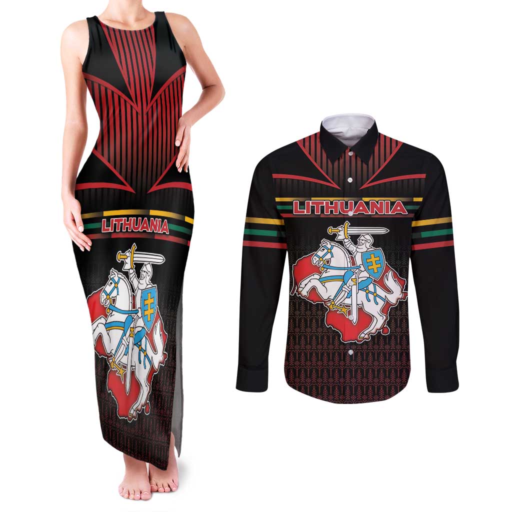 Personalized Lithuania Couples Matching Tank Maxi Dress and Long Sleeve Button Shirt Knight In Armor With Map - Wonder Print Shop