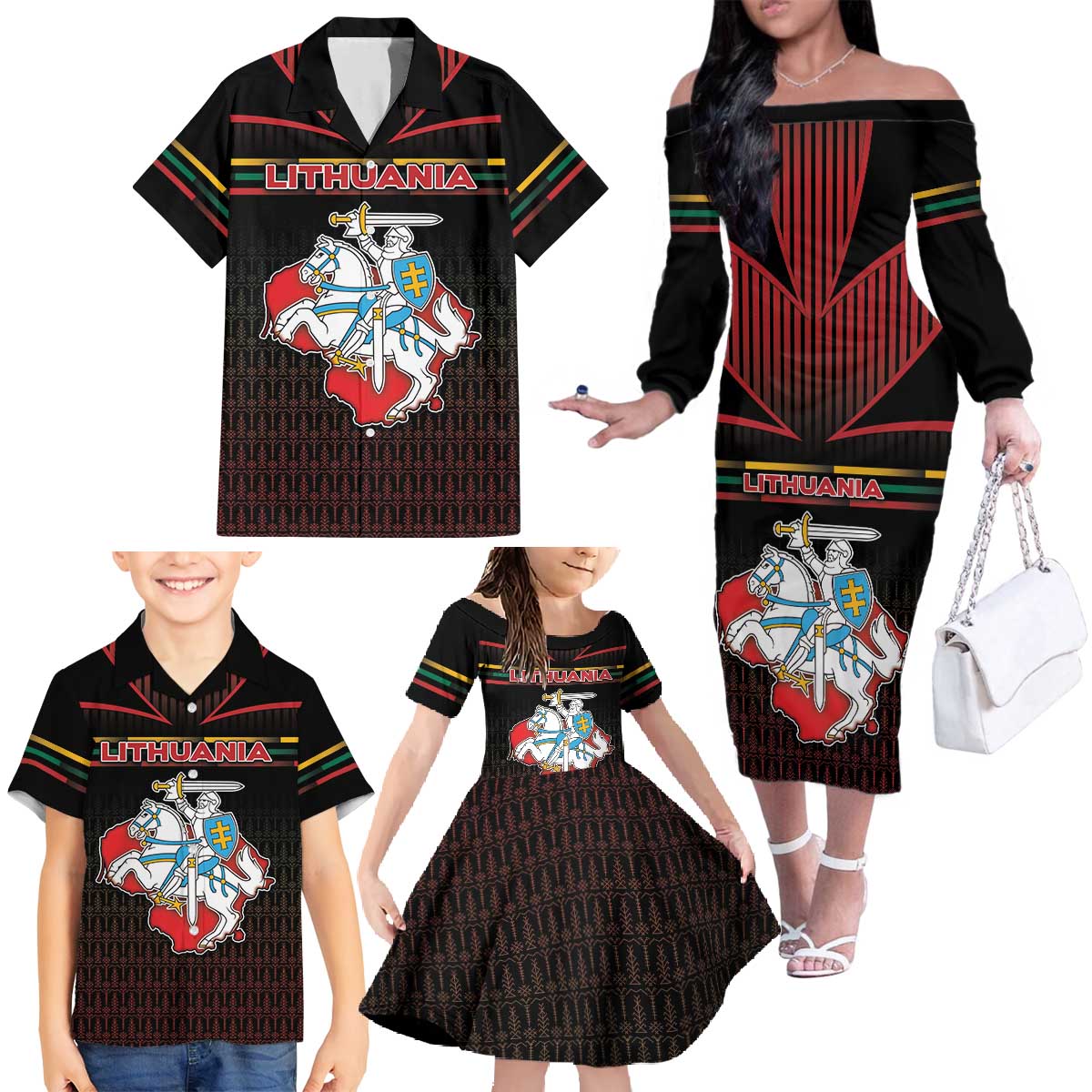 Personalized Lithuania Family Matching Off The Shoulder Long Sleeve Dress and Hawaiian Shirt Knight In Armor With Map - Wonder Print Shop