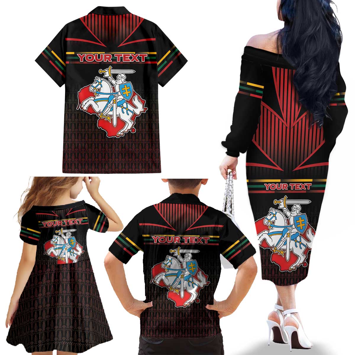 Personalized Lithuania Family Matching Off The Shoulder Long Sleeve Dress and Hawaiian Shirt Knight In Armor With Map - Wonder Print Shop