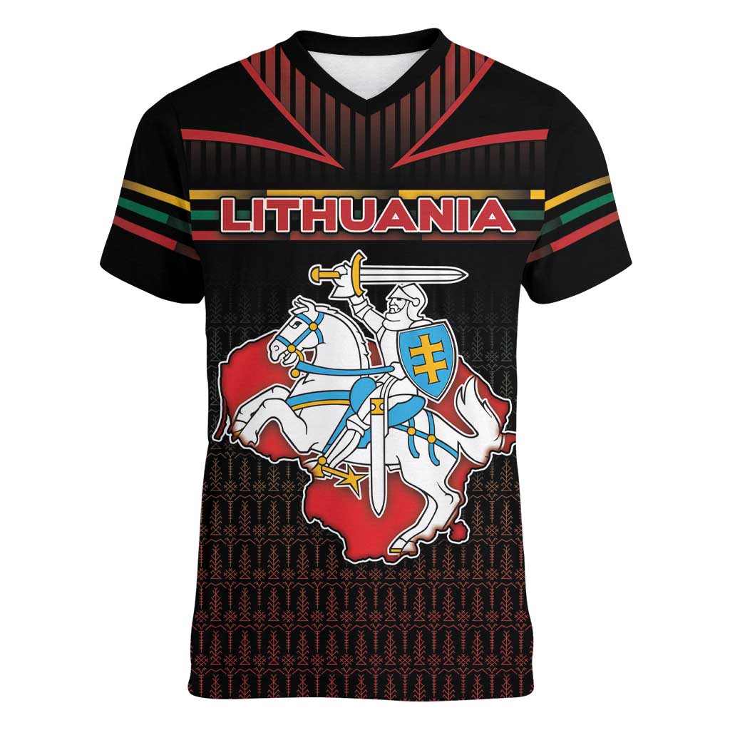 Personalized Lithuania Women V-Neck T-Shirt Knight In Armor With Map - Wonder Print Shop