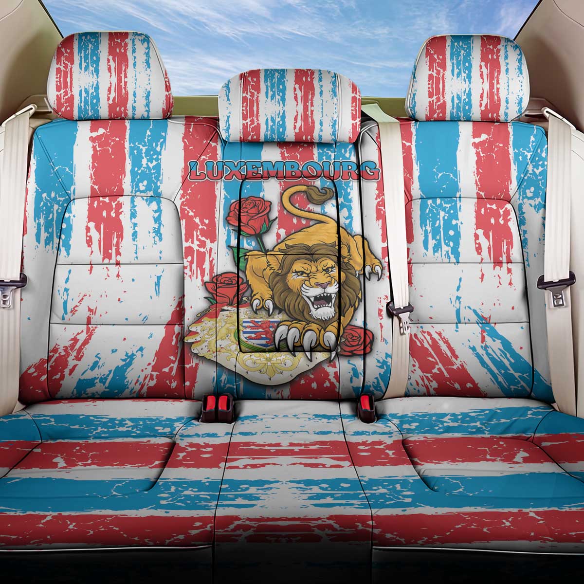 Luxembourg Back Car Seat Cover Red Lion With Coat Of Arms - Wonder Print Shop