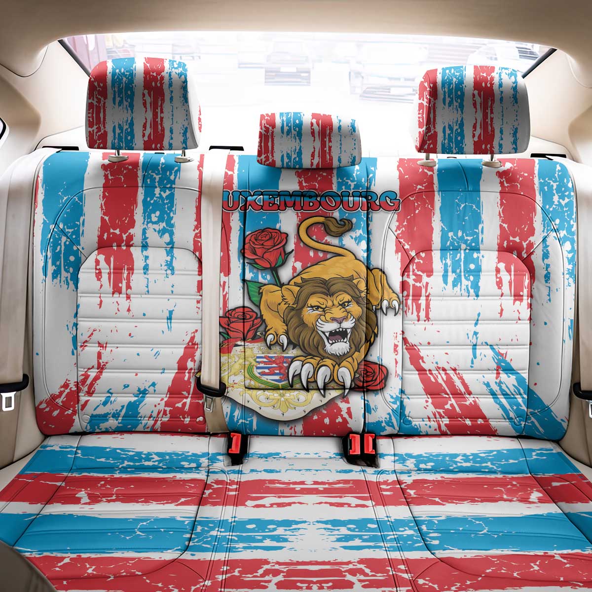 Luxembourg Back Car Seat Cover Red Lion With Coat Of Arms - Wonder Print Shop