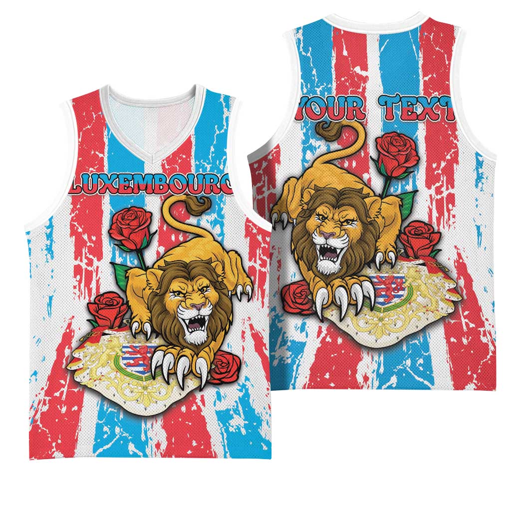 Personalized Luxembourg Basketball Jersey Red Lion With Coat Of Arms - Wonder Print Shop