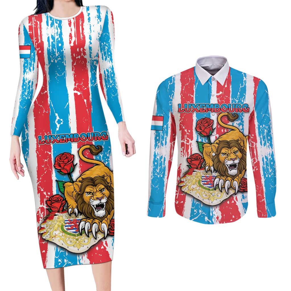 Personalized Luxembourg Couples Matching Long Sleeve Bodycon Dress and Long Sleeve Button Shirt Red Lion With Coat Of Arms - Wonder Print Shop