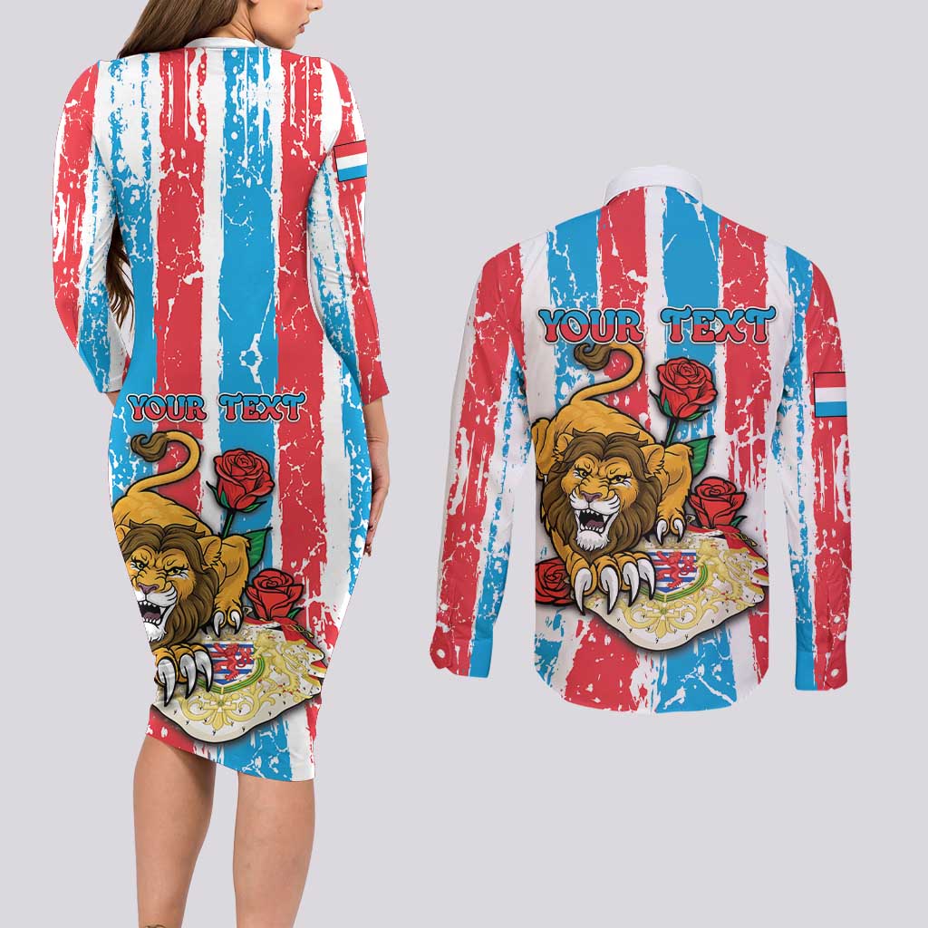 Personalized Luxembourg Couples Matching Long Sleeve Bodycon Dress and Long Sleeve Button Shirt Red Lion With Coat Of Arms - Wonder Print Shop