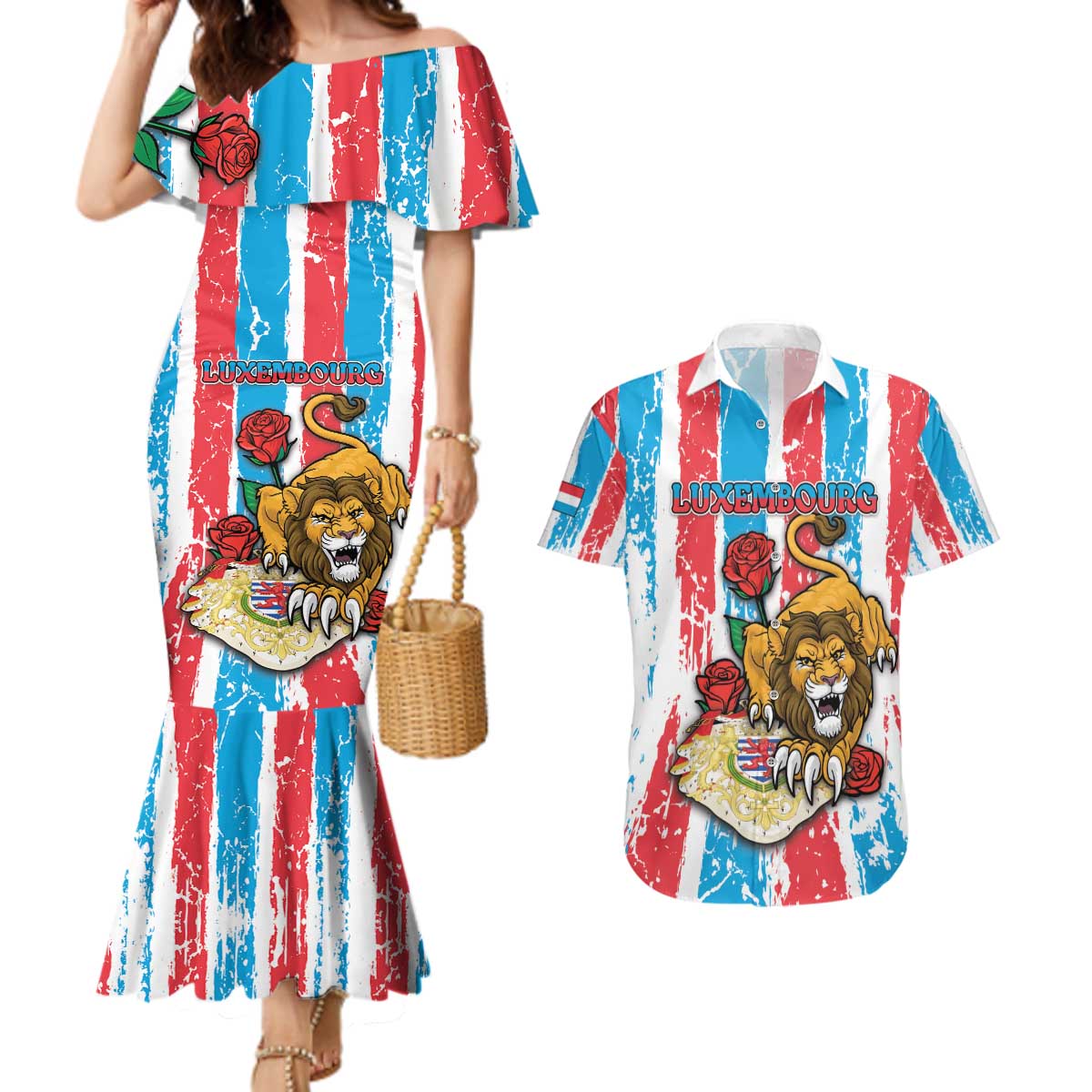 Personalized Luxembourg Couples Matching Mermaid Dress and Hawaiian Shirt Red Lion With Coat Of Arms - Wonder Print Shop