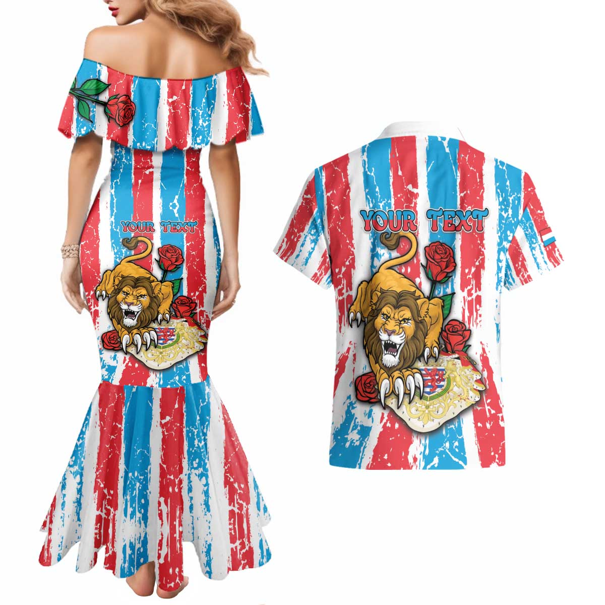 Personalized Luxembourg Couples Matching Mermaid Dress and Hawaiian Shirt Red Lion With Coat Of Arms - Wonder Print Shop