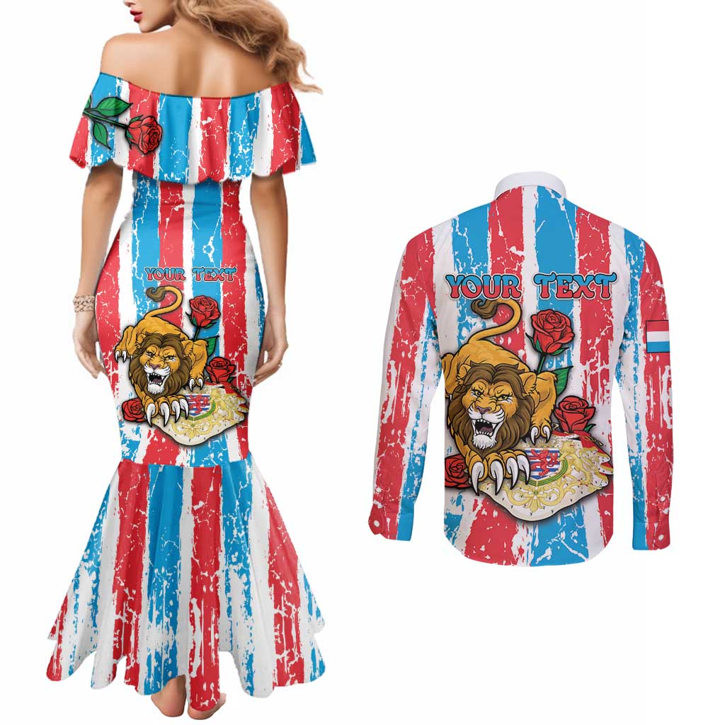 Personalized Luxembourg Couples Matching Mermaid Dress and Long Sleeve Button Shirt Red Lion With Coat Of Arms - Wonder Print Shop