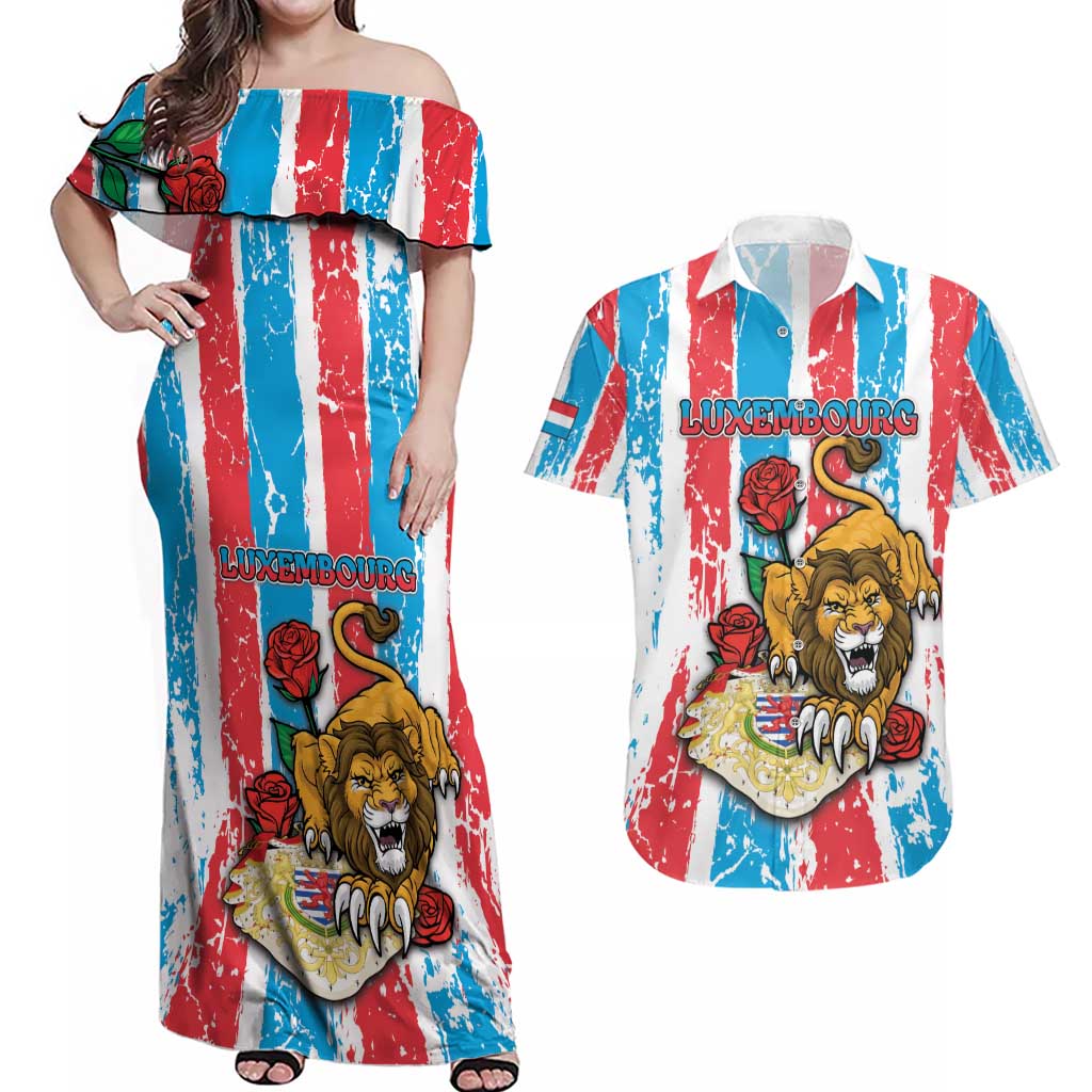 Personalized Luxembourg Couples Matching Off Shoulder Maxi Dress and Hawaiian Shirt Red Lion With Coat Of Arms - Wonder Print Shop