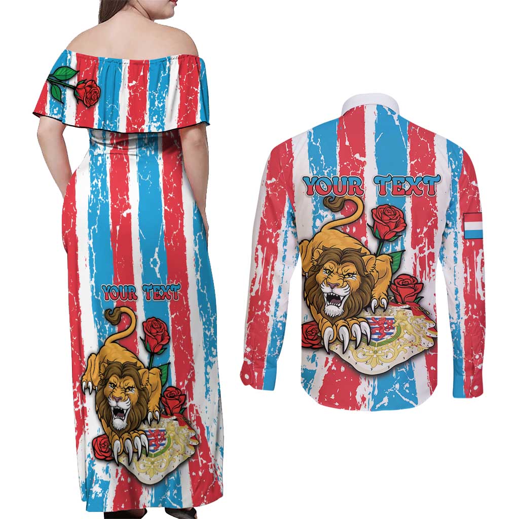 Personalized Luxembourg Couples Matching Off Shoulder Maxi Dress and Long Sleeve Button Shirt Red Lion With Coat Of Arms - Wonder Print Shop