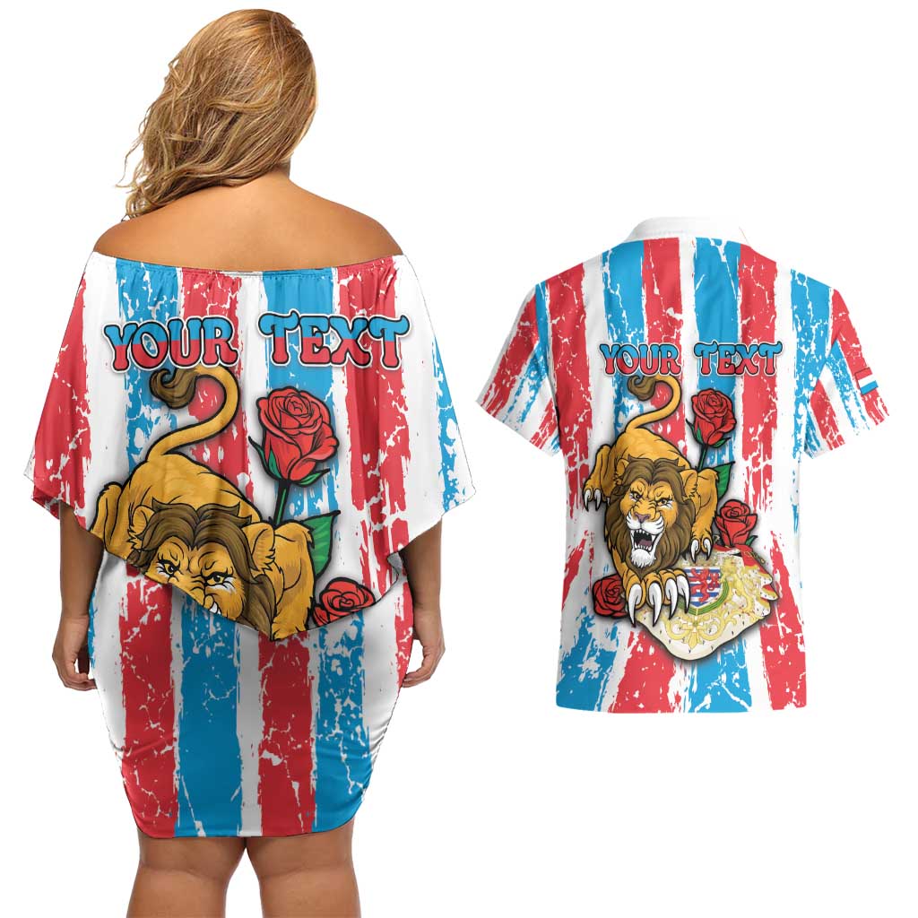 Personalized Luxembourg Couples Matching Off Shoulder Short Dress and Hawaiian Shirt Red Lion With Coat Of Arms - Wonder Print Shop