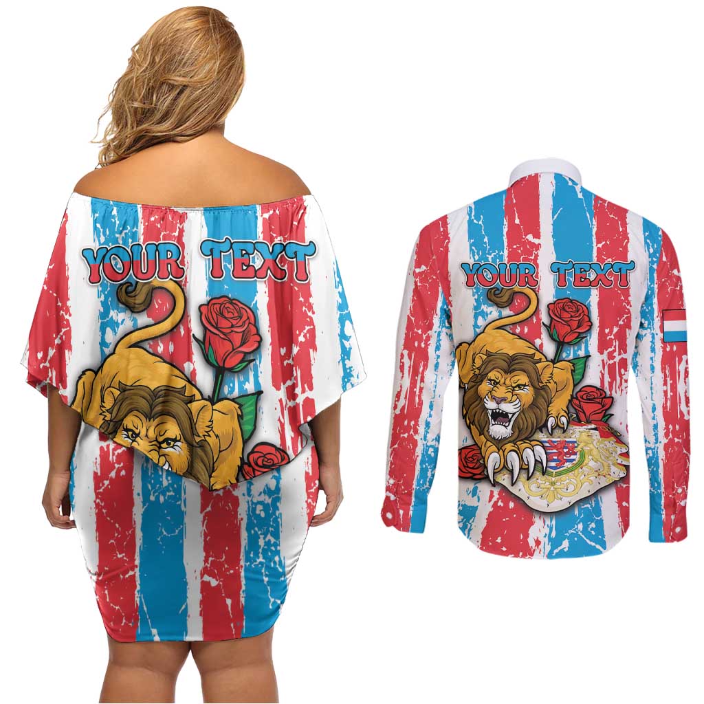 Personalized Luxembourg Couples Matching Off Shoulder Short Dress and Long Sleeve Button Shirt Red Lion With Coat Of Arms - Wonder Print Shop